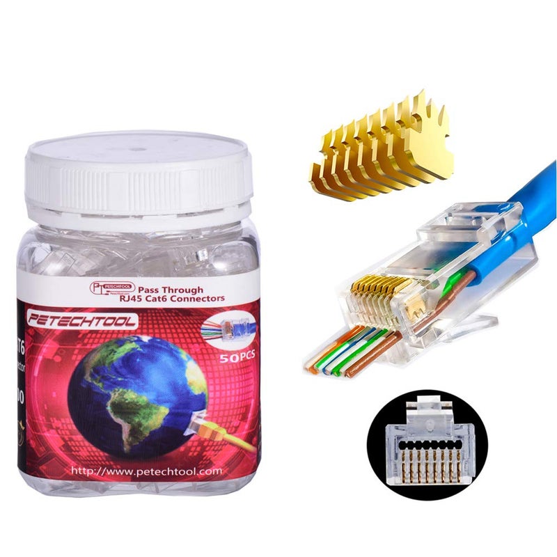 PETECHTOOL RJ45 Cat5 Cat6 Pass Through Connectors 8P8C Ehternet Modular End Plug (50 Pieces) - Image 1